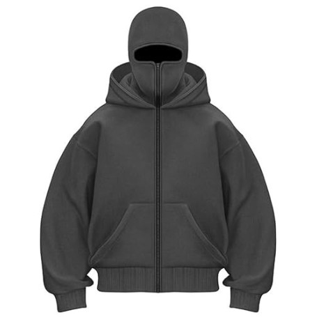 OLIPHEE Sweat à Capuche Zippé Homme Veste Chaude Hoodie Balaclava Cagoule Moto Masque Anti-Vent pour Sports de Plein Air Vélo Au
