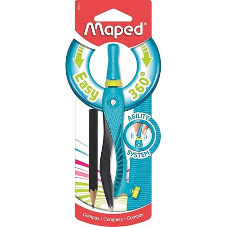 Maped - Compas Scolaire Kid'Z 360° Agility pour Enfant dès 6 Ans - Apprentissage pour Débutant avec Bague Adaptateur - Bleu