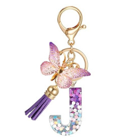 JSRQT Porte-clés Lettre Initiale, Porte-clés Alphabet en Résine Violettes pour Femme Filles avec Pendentif Papillon et Pompon, S