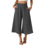 PrinStory Pantalon d'été léger pour femme - Taille haute - Culotte d'été décontractée - Pantalon palazzo à jambes larges - Avec 