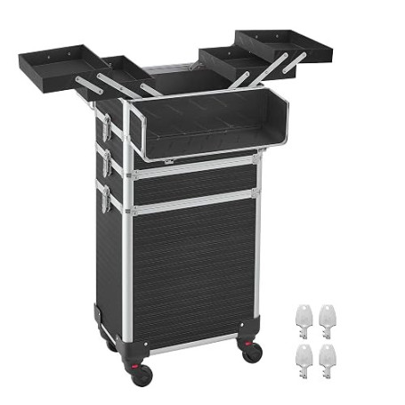 SONGMICS Valise de Maquillage Professionnel 4-en-1, Mallette Cosmétique, XXL, 34 x 24 x 79,3 cm, Verrouillable, roulettes à 360°