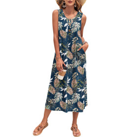 PLOKNRD Robe Longue Femme Été - Robe sans Manches Maxi Plage à Boutons avec Poches - Robe Décontractée Tank Top pour Vacances