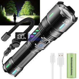 Jayxinli Lampe Torche LED Ultra Puissante 1000000 Lumens – Rechargeable 5000mAh avec Affichage LCD, 5 Modes, Zoomable, IP67 Étan