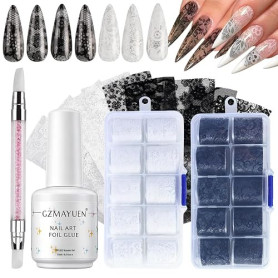 GZMAYUEN 20pcs Transferfolie Nägel Nagelsticker, 15ML Colle Foil Ongle - Avec Dentelle Ongle Nail Art Noir