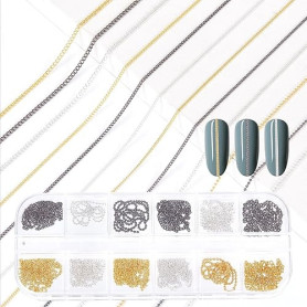 NICENEEDED 12 Bandes de Chaînes à Clous 3D pour Bijoux Chaînes à Ongles Or Argent Gris Foncé Accessoires de Nail Art en Métal av