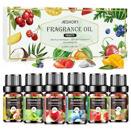 AESHORY Kit Huiles Parfumées Aromathérapie Fruitées 6 X 10ML, Huile Essentielle Fruits Naturelle pour Diffuseurs, Massage, DIY B