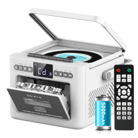 Greadio Lecteur CD Portable, Lecteur Cassette Audio, Bluetooth, Télécommande, Radio FM, AUX/USB/SD Card-in, Batterie Rechargeabl