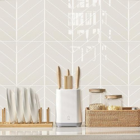 Alwayspon Lot de 10 feuilles 29 x 23 cm Autocollants 3D en vinyle blanc beige pour mur, autocollants carrelage à coller et décol