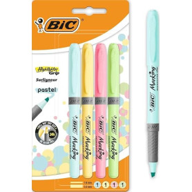 BIC Highlighter Grip Pastel Surligneurs Pointe Biseautée - Couleurs Assorties, Blister de 4