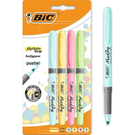 BIC Highlighter Grip Pastel Surligneurs Pointe Biseautée - Couleurs Assorties, Blister de 4