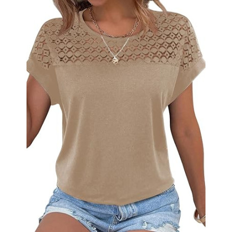 Zeagoo T-shirt d'été en dentelle pour femme - Col rond - Basique - Manches courtes - Élégant pour femme
