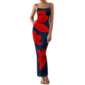Sukiglam Robe Longue Femme Sexy sans Manches Imprimée Fleurs Robes Moulante Bretelles Spaghetti Col Carré Maxi Robe de Soiree d'