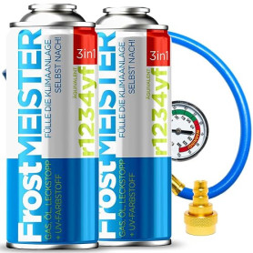FrostMEISTER Kit de recharge 3 en 1 pour climatisation de voiture (2 boîtes de 400 ml + tuyau avec manomètre et adaptateur) – Li