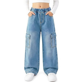Keyck Jean Baggy pour Filles, Pantalon Cargo Ample Wide Leg Ado Pants avec Taille Élastique Loose Fit Long Denim Jeans avec Mult