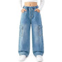 Keyck Jean Baggy pour Filles, Pantalon Cargo Ample Wide Leg Ado Pants avec Taille Élastique Loose Fit Long Denim Jeans avec Mult