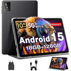Tablette 10 Pouces, Tablette Android 15 avec Étui, Unisoc T30 Quad-Core, 18 GO RAM + 128 GO ROM + 1 TO TF, Écran HD IPS 1280x800