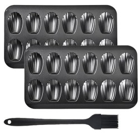 Lot de 2 moules à madeleines - Revêtement antiadhésif pour un démoulage facile - Avec pinceau à huile en silicone - Pour four, p