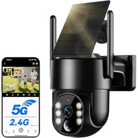 Camera Surveillance WiFi Exterieure sans Fil Solaire 2.5K 4MP avec Panneau Solaire 5W, 2K QHD, Batterie 8000mAh, 2.4G et 5GHz Wi