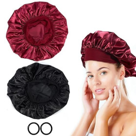 Cheerhom Bonnet Satin Cheveux Nuit，2pcs Bonnet Soie Bonnet en Satin avec 2 Élastiques Cheveux, Texturé de Soie, Bonnet de Nuit F