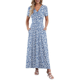 AUSELILY Robe Longue Femme Ete Col en V Manches Courtes Robe Femme Chic et Elegant Taille Haute Ligne A Cocktail Robes avec Poch