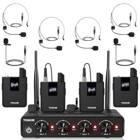 TONOR Système de Micro sans Fil avec 4 émetteurs de Poche/micros-Cravates/Casque à Effet Hall, 4x5 fréquences, portée 60m, pour