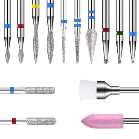 14 Pièces Forets à ongles, Embout Ponceuse Ongles, 3/32 lime à ongles diamant, Outils de nail art, Pour limer les ongle, enlever