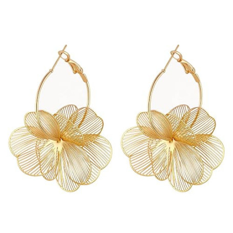 Boucles d'oreilles Or pour Femmes, Boucle d'oreille Fleur Or, Boucle d'oreille Pendantes Fleur, Grandes Boucles d'oreilles Décla