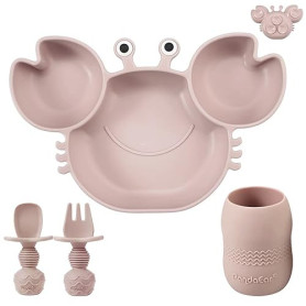 PandaEar Ensemble d'Alimentation Bébé en Silicone | Assiette Divisée avec Ventouse en Forme de Crabe et Tasse, Cuillères & Fourc