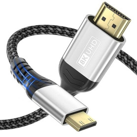Kryoza Câble Mini HDMI vers HDMI 2.1, 2M 8K@60Hz 4K@120Hz, Câble HDMI Mâle vers Mini HDMI Mâle Bidirectionnel,eARC,3D, Dolby Vis