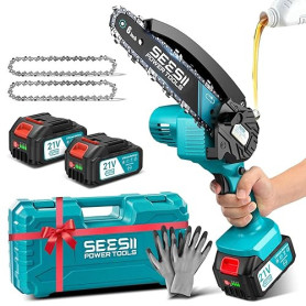 SEESII Mini Tronçonneuse à Batterie 2x4000mAh, 6 Pouces Tronçonneuse Électrique sans Fil avec Injecteur de Lubrifiant et Chaîne