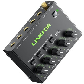 LiNKFOR Mini Mélangeur Audio Stéréo 4 Canaux Mélangeur de Ligne Ultra-Faible Bruit Switch Stereo/Mono, Contrôle du Volume Indépe