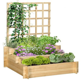 Outsunny Carré Potager jardinière à 3 étages avec Treillis lit surélevé en Bois sans Fond pour Plantes grimpantes, légumes, Fleu