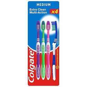 COLGATE - Brosse à dents Extra Clean Multi Action Médium - Brins Circulaires Anti-Taches - Nettoyeur Langue & Joues - Lot de 4 B
