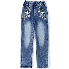 KIDSCOOL SPACE Jean Fille, Ceinture Élastique, Denim Stretch Brodé, Bleu