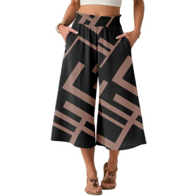 PrinStory Pantalon d'été léger pour femme - Taille haute - Culotte d'été décontractée - Pantalon palazzo à jambes larges - Avec 