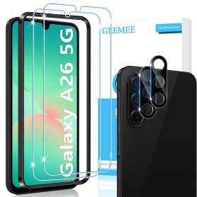 GEEMEE 2+2 Pièces pour Samsung Galaxy A26 5G Verre Trempé avec Caméra Arrière Protecteur -Noir, 9H Dureté HD sans BullesAnti-Ray