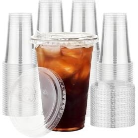 KAHEIGN 50 Pièces Gobelets en Plastique Transparent avec Couvercles, 480ml Gobelet à Café en Plastique Réutilisable Verres Éléga