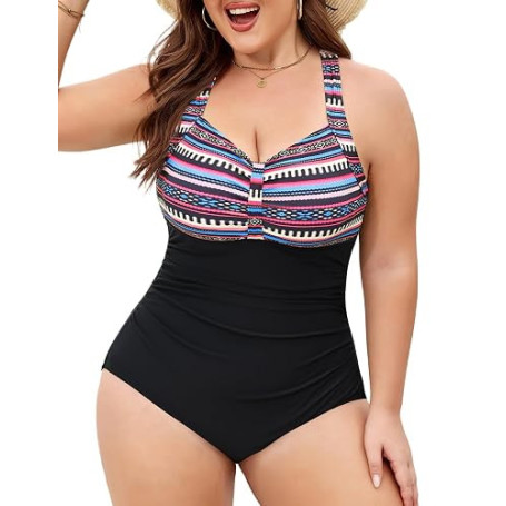 FemiChic Maillot de Bain 1 Pièce Femme Grande Taille Gainant Ventre Plat Push Up avec Rembourrée Réglables Soutien-Gorge Amovibl