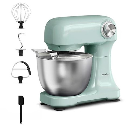Moulinex, Bake Simple, Robot pâtissier, compact, utilisation facile, Fouet, batteur et crochet petrin, QA1413F0, Vert D'eau