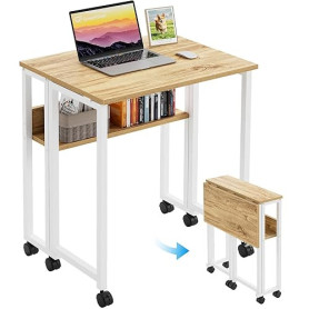 GreenForest Bureau Pliable à roulettes, 63cm Table d'appoint avec Rangement | Bureaux d’Ordinateur et Facile à Assembler pour Pe