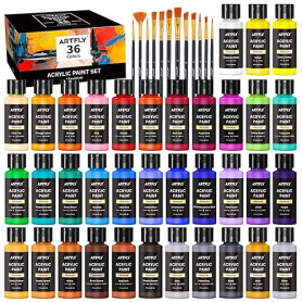 ARTFLY Peinture Acrylique Kit, 36 Couleurs × 60ml, avec 12 Pinceaux, Non Toxique, Riche Pigmentée, Peintures pour Débutant et Ar