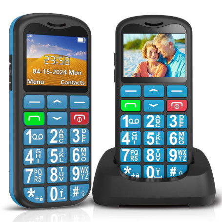 Téléphone portable Ukuu pour personnes âgées avec bouton SOS, base de charge, touches de volume élevées USB-C, batterie 1000 mAh