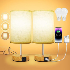 Suright Lampe de Chevet Tactile Lot de 2 avec Ports de Charge USB-A + USB-C, Intensité Variable 3 Voies, Abat-jour en Tissu de L