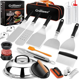 Grilliance 27PCS Spatule Plancha Accessoires pour Hommes, Teppanyaki Grill Set d'ustensiles de Barbecue INOX, Hibachi Smasher Bu