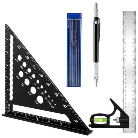 Equerre Menuisier 185 mm, Règle d'Angle Combinée Aluminium 300 mm, Crayon Chantier avec 12 Mines pour Tracé Mesure Marquage Trav
