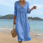 Générique Robe Coton Lin pour Femme Été Fluide Manche 7/8 Chic et Elegant Robes Col V Décontractée Grande Taille Robes Couleur U