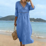 Générique Robe Coton Lin pour Femme Été Fluide Manche 7/8 Chic et Elegant Robes Col V Décontractée Grande Taille Robes Couleur U