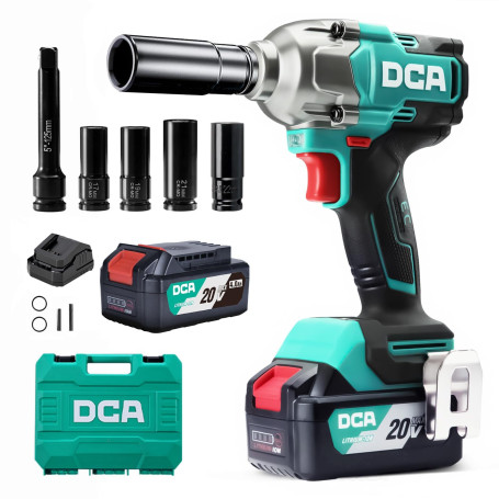 DCA Clé à chocs sans fil 20V Brushless, 682 Nm de couple max, enclume à anneau 13 mm, 2* batterie Li-ion 4000 mAh, 4 modes, lamp