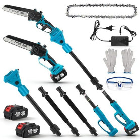 Tronçonneuse 2-en-1 avec Perche Télescopique, Mini Tronçonneuse Brushless 8'' avec 2 x 2000 mAh Batteries, Scie Électrique Coupe