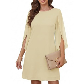 Cicy Bell Robe de cocktail élégante à col rond pour femme - En maille - Manches 3/4 - Couleur unie - Robe décontractée - Robe d'